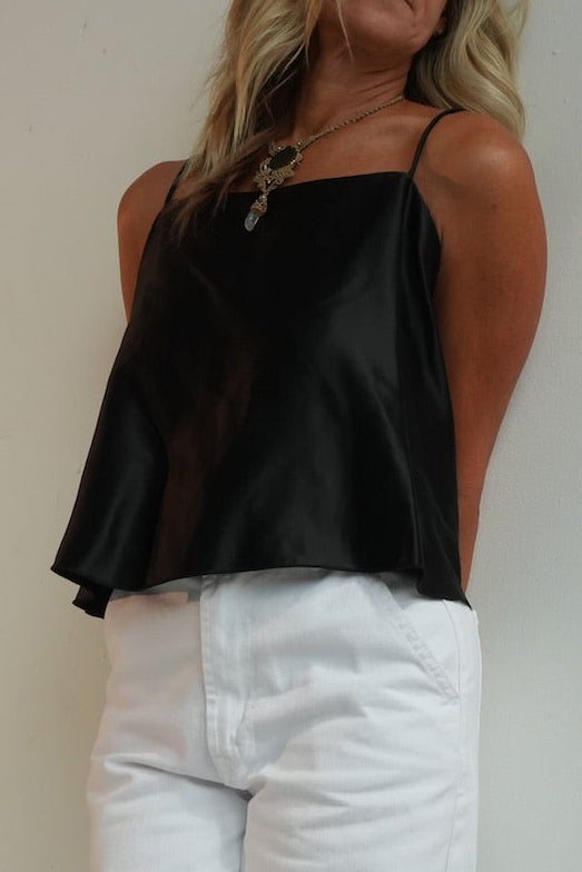 The Kelli Satin Tie-Back Cami Top in Black