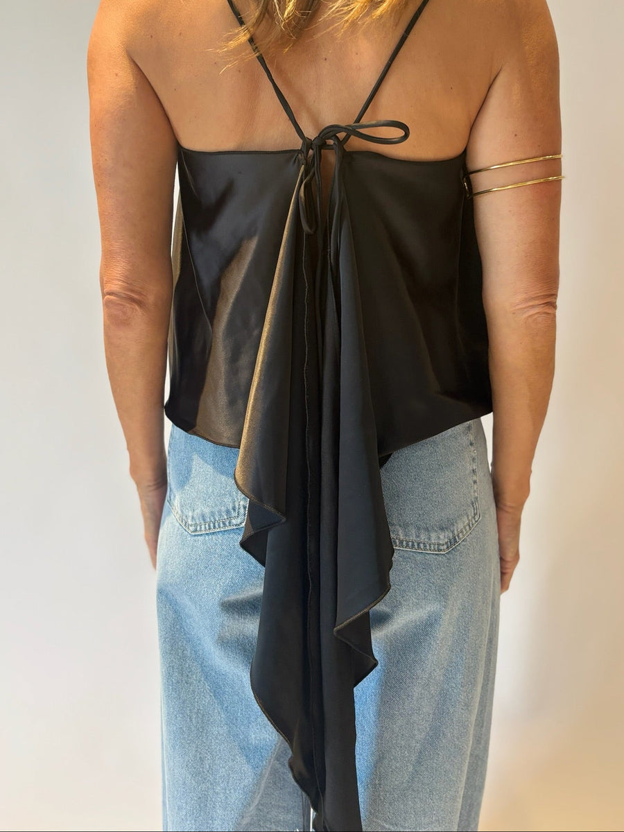The Kelli Satin Tie-Back Cami Top in Black