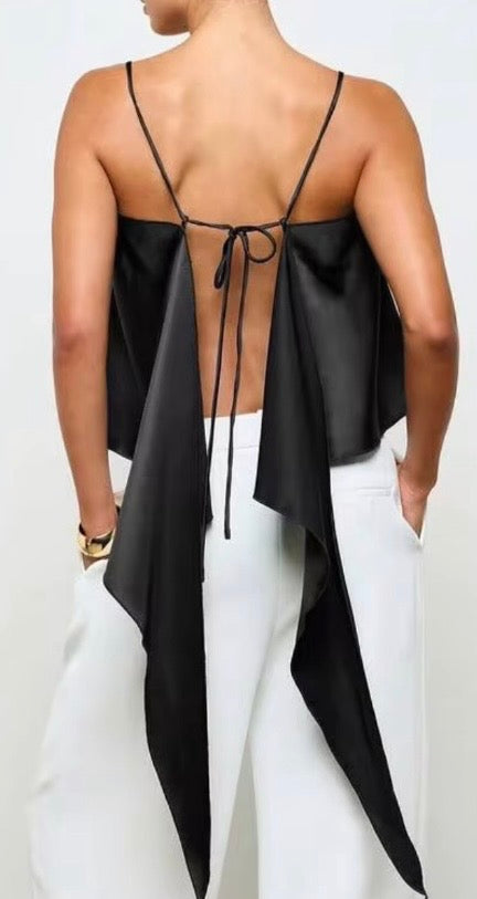 The Kelli Satin Tie-Back Cami Top in Black