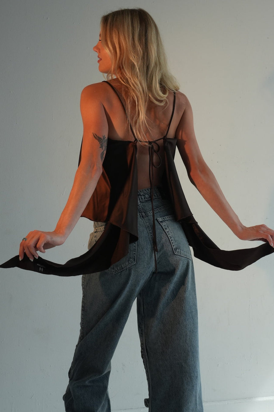 The Kelli Chocolate Brown Satin Tie-Back Cami Top