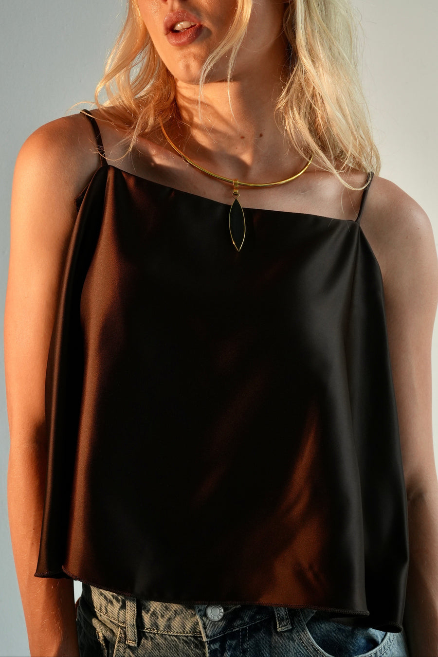 The Kelli Chocolate Brown Satin Tie-Back Cami Top