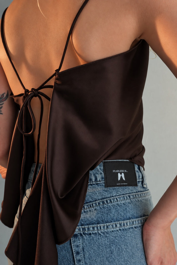 The Kelli Chocolate Brown Satin Tie-Back Cami Top