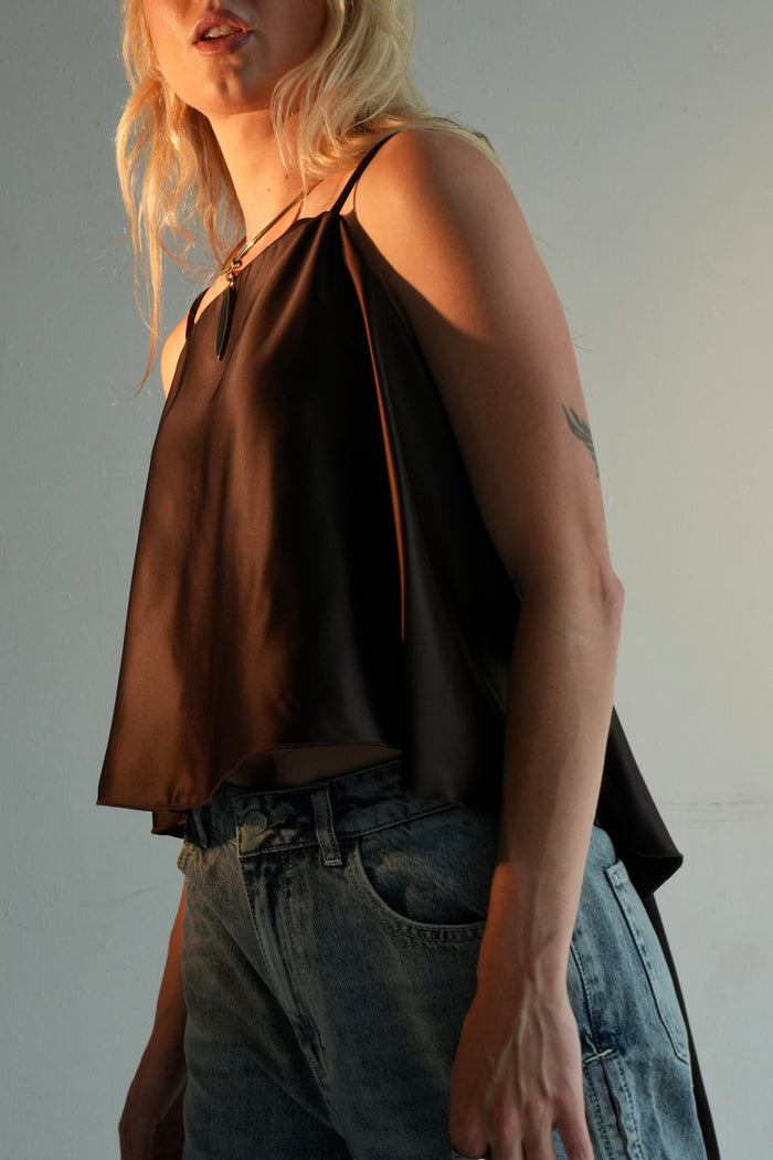The Kelli Chocolate Brown Satin Tie-Back Cami Top