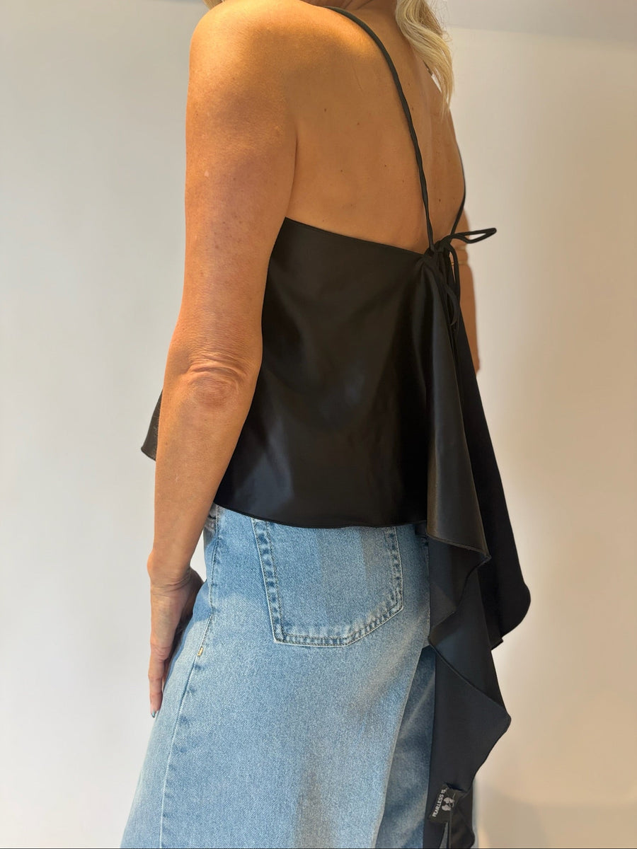 The Kelli Satin Tie-Back Cami Top in Black